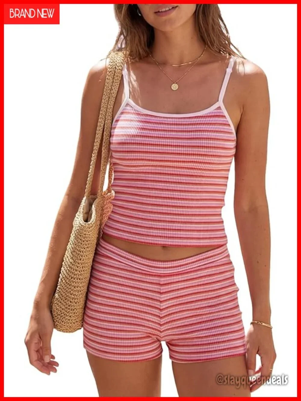 Women's Knit Two Piece Set Striped Cami and Shorts Ribbed Matching Lounge Set